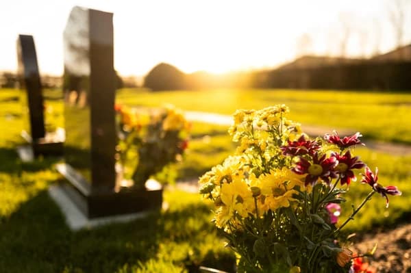 Graveyard with memorial headstones